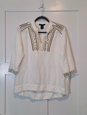 Grace Elements Linen Rayon White Tunic Hi Low Hem Gold & Olive Embroidery Medium